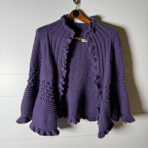 Maria Di Ripabianca Cashmere Purple Ruffle Open Cardigan Made in Italy Size 6